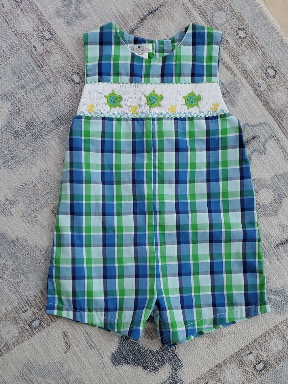Petit Ami Baby Boys Smocked Embroidered Turtle Coastal Romper Jon Jon Sz24m